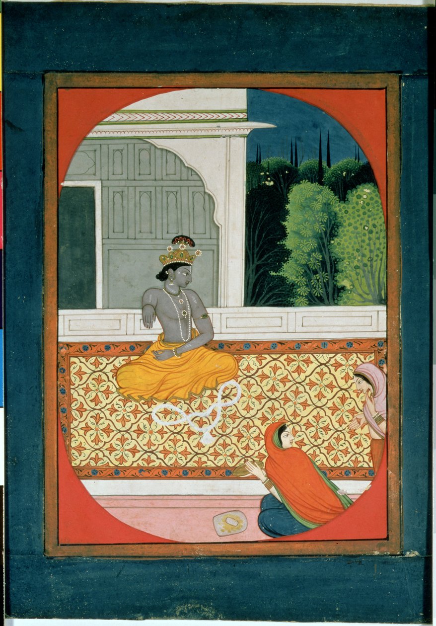 कृष्ण अपनी माला त्यागते हैं; 19 वीं शताब्दी के बिहारी लाल के सतसंग का चित्रण द्वारा इंडियन स्कूल