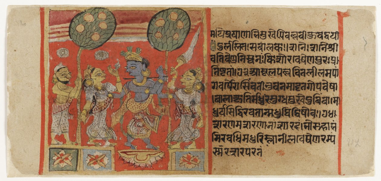कृष्ण दो गोपियों के सामने झूमते हुए, एक भक्त के साथ, बालगोपालस्तुति c.1450 (कागज पर अपारदर्शी wc और सोना) से द्वारा इंडियन स्कूल
