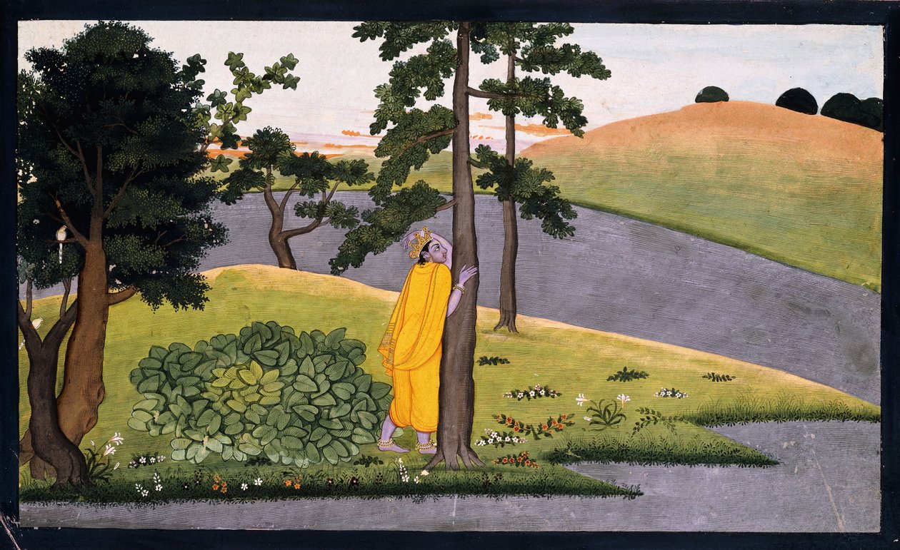 कृष्ण एक पेड़ के खिलाफ झुकते हुए, राधा की प्रतीक्षा करते हुए, c.1780 द्वारा इंडियन स्कूल