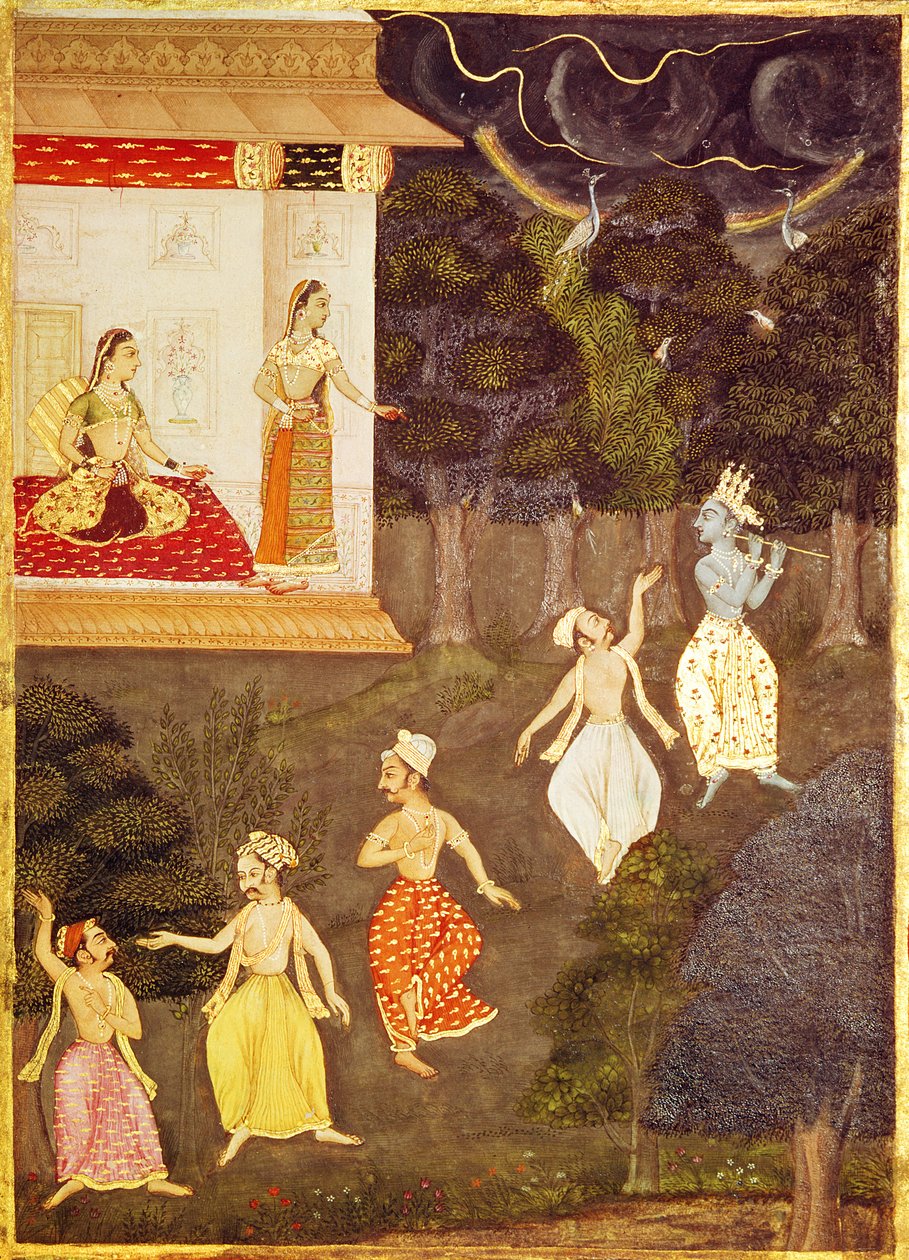 कृष्ण बांसुरी बजाते हुए, चार नर्तकियों के साथ, राजस्थान द्वारा इंडियन स्कूल