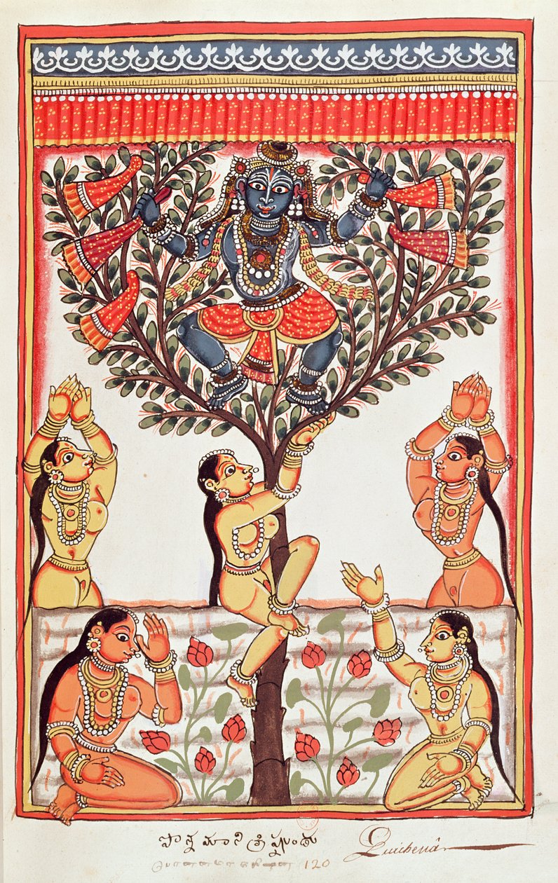 यमुना नदी में तैरते हुए गोपी के कपड़े चोरी करते कृष्ण (कागज पर wc) द्वारा इंडियन स्कूल