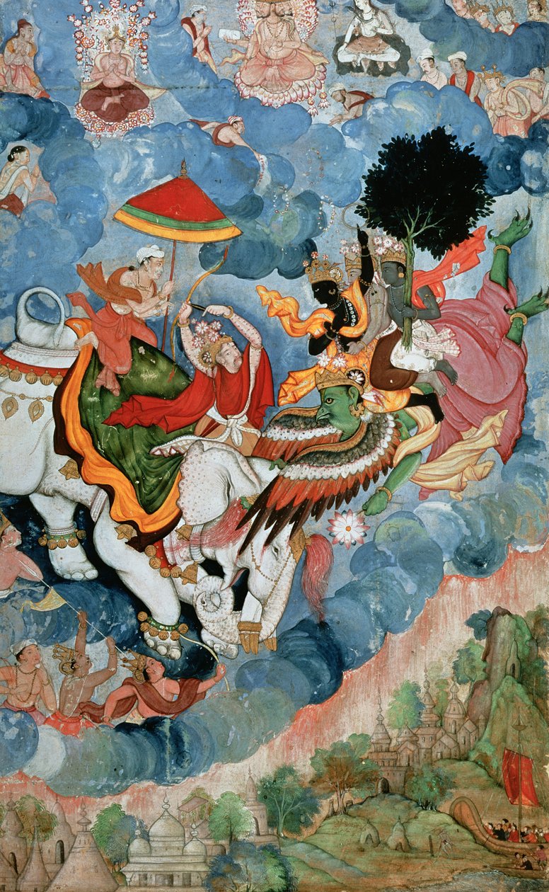 इंद्र के साथ कृष्ण युद्ध करते हैं, c.1590 द्वारा इंडियन स्कूल