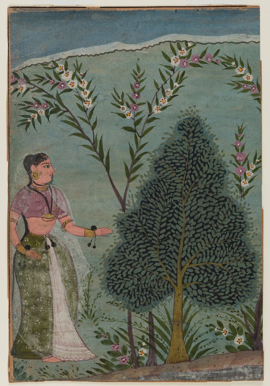जंगल में महिला, भागवत पुराण श्रृंखला के एक पृष्ठ का टुकड़ा, c.1590-1600 (कागज पर wc और सोना) द्वारा इंडियन स्कूल