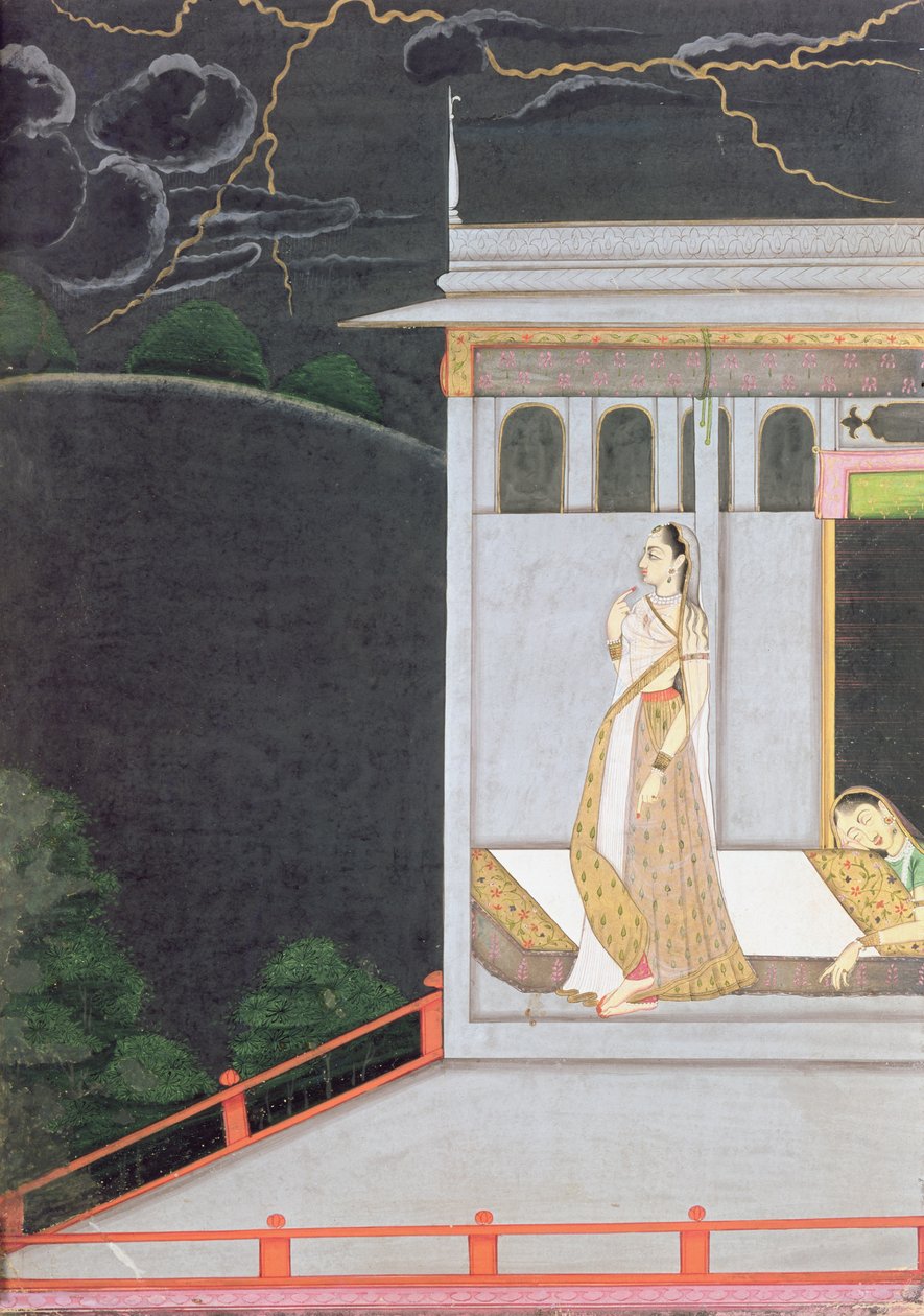 हिंदू वासंतिक, पंजाब हिल्स, सी .1760 की नायिकाओं में से एक, &39;वासकायाय नायिका&39; से अपने प्रेमी की प्रतीक्षा कर रही महिला द्वारा इंडियन स्कूल