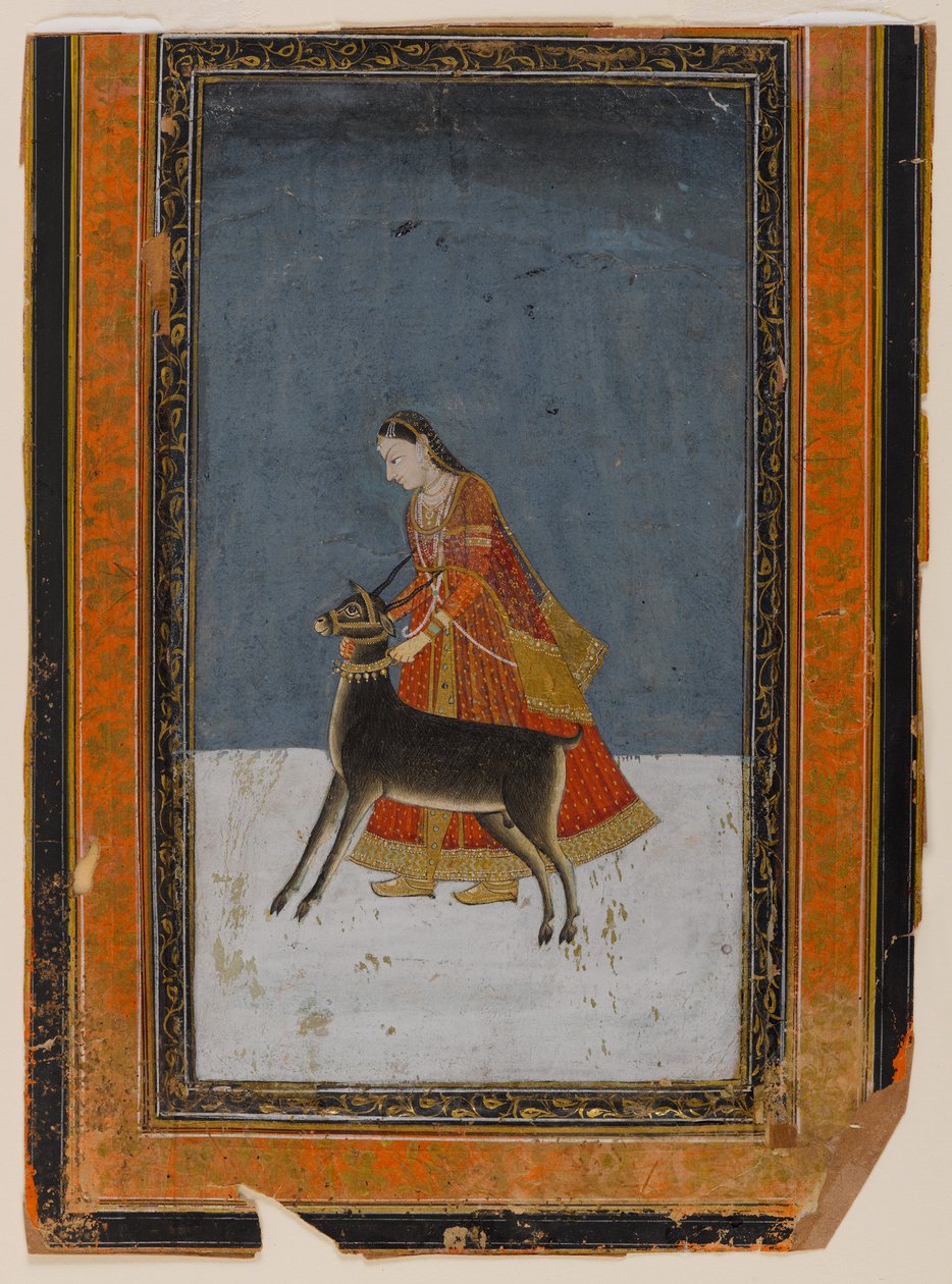 एक काले हिरन के साथ महिला, c.1750 (कागज पर wc और सोना) द्वारा इंडियन स्कूल