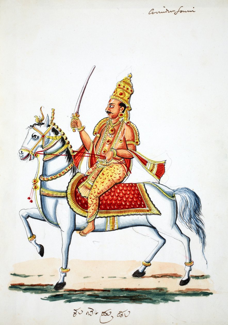 भगवान कल्कि अपने घोड़े देवदत्त पर हाथ में तलवार लिए हुए (कागज पर wc) द्वारा इंडियन स्कूल