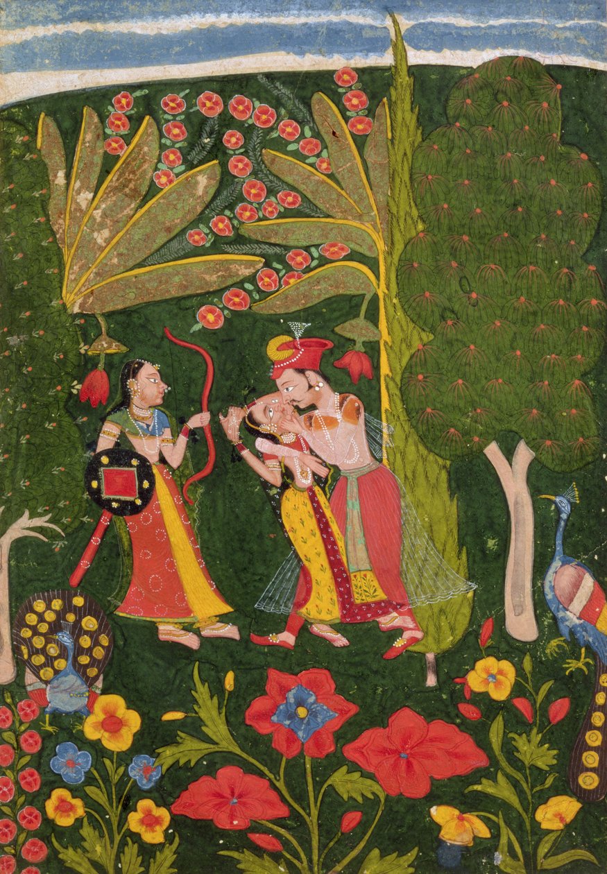 वन, बूंदी में गले लगाने वाले प्रेमी, c.1650 (वेल्लम पर गौचे) द्वारा इंडियन स्कूल
