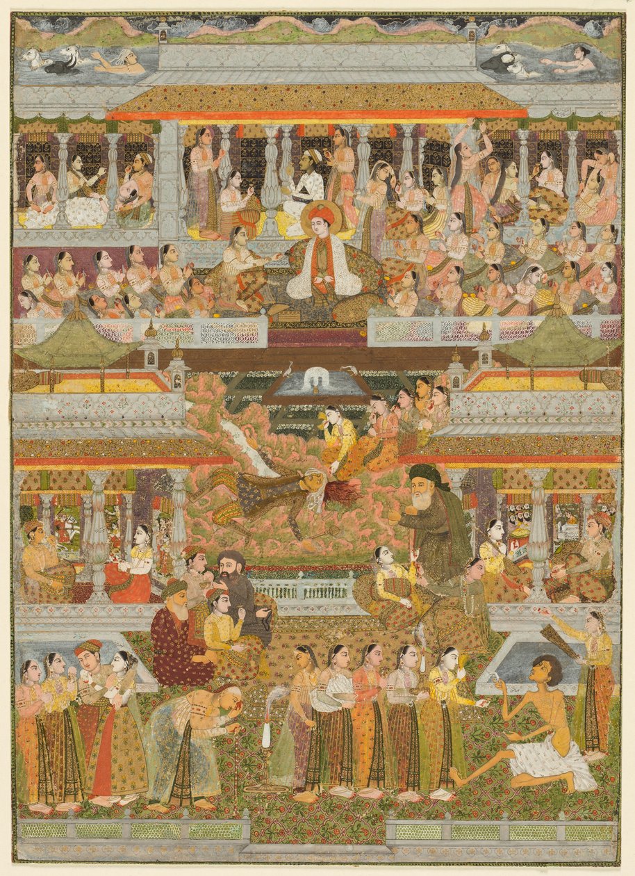प्रेमी और विश्वासपात्र: फारसी, उर्दू और संस्कृत साहित्य के दृश्यों का एक संयोजन, सी। 1735 (कागज पर सोने के साथ अपारदर्शी पानी का रंग) द्वारा इंडियन स्कूल