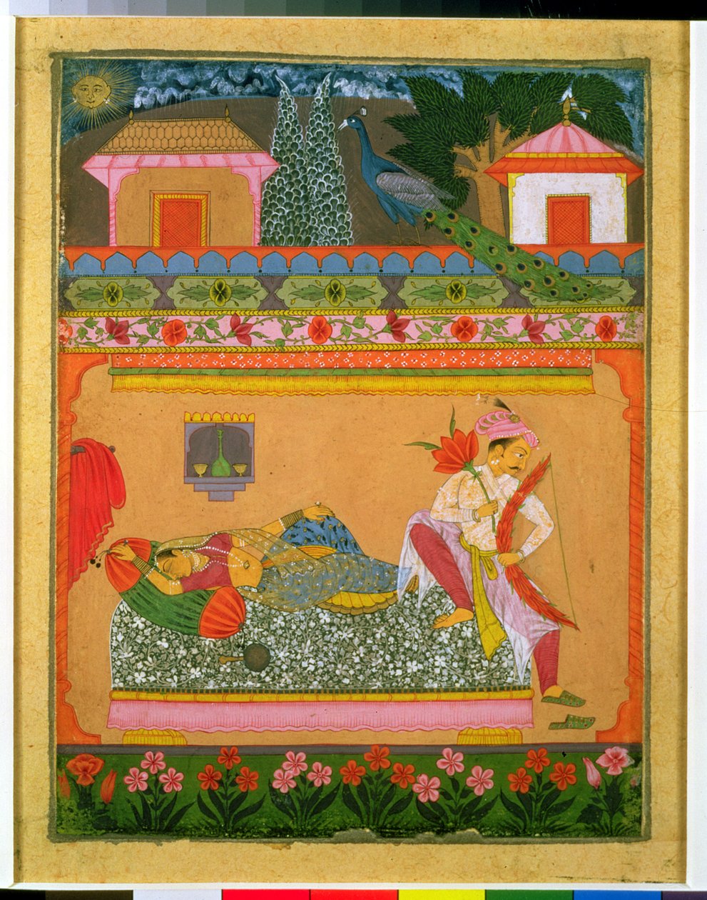 डेब्रेक पर प्रेमी, संगीत विधा राग विभास का चित्रण, उत्तरी दक्कन या दक्षिणी राजस्थान, c.1675 (कागज पर चांदी और सोने के साथ गौचे) द्वारा इंडियन स्कूल
