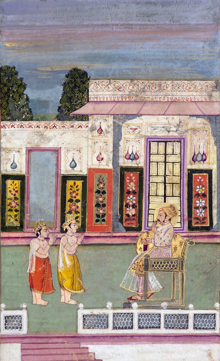 महाराजा सवाई जय सिंह ने दो ताज पहने हुए लोगों का अभिवादन किया। c735 (कागज पर अपारदर्शी wc और सोना) द्वारा इंडियन स्कूल