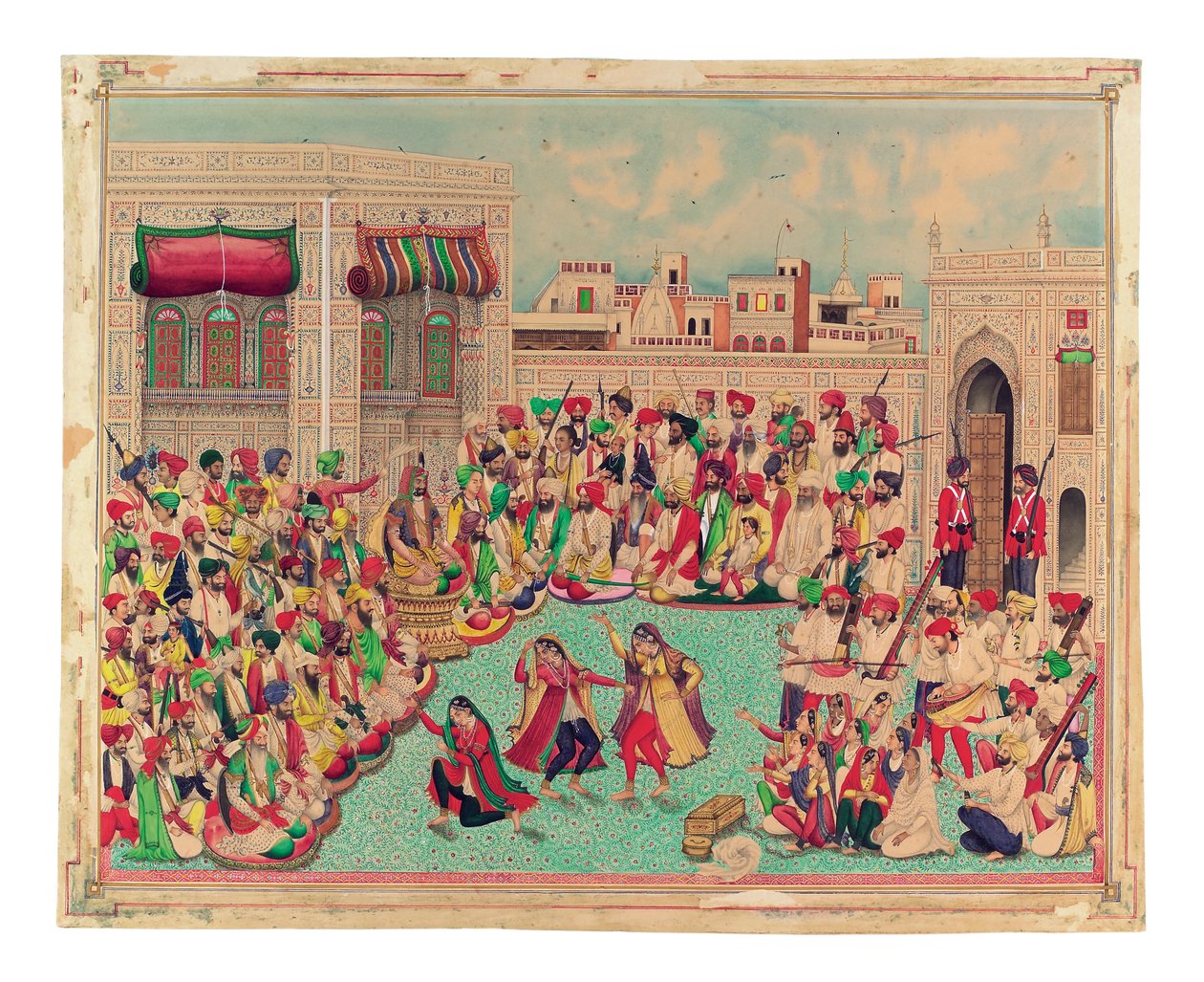 महाराजा शेर सिंह और साथी एक नृत्य प्रदर्शन देख रहे हैं, c.1850 (अपारदर्शी पानी के रंग और कागज पर सोना) द्वारा इंडियन स्कूल