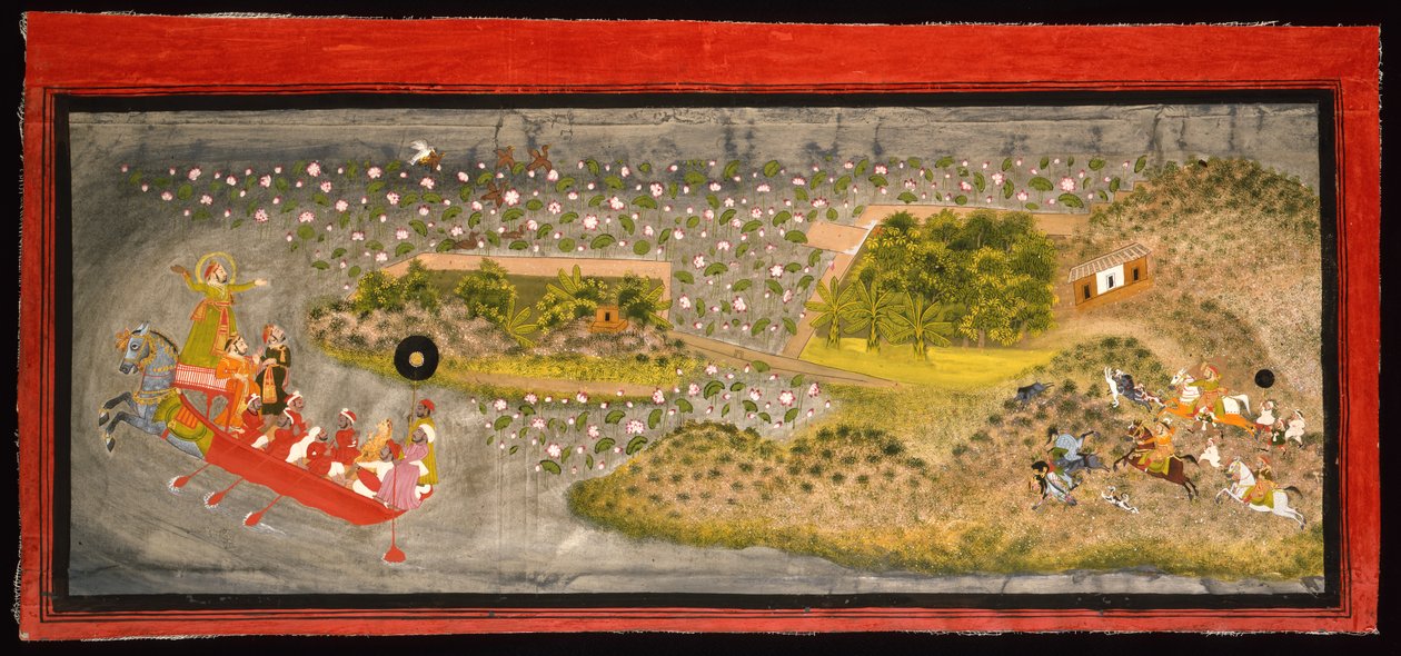 महाराणा जगत सिंह II हॉकिंग और सूअर का शिकार, c.1740 (कागज़ पर अपारदर्शी w - c, चाँदी और सोना, एक एल्बम पेज पर आरूढ़) द्वारा इंडियन स्कूल