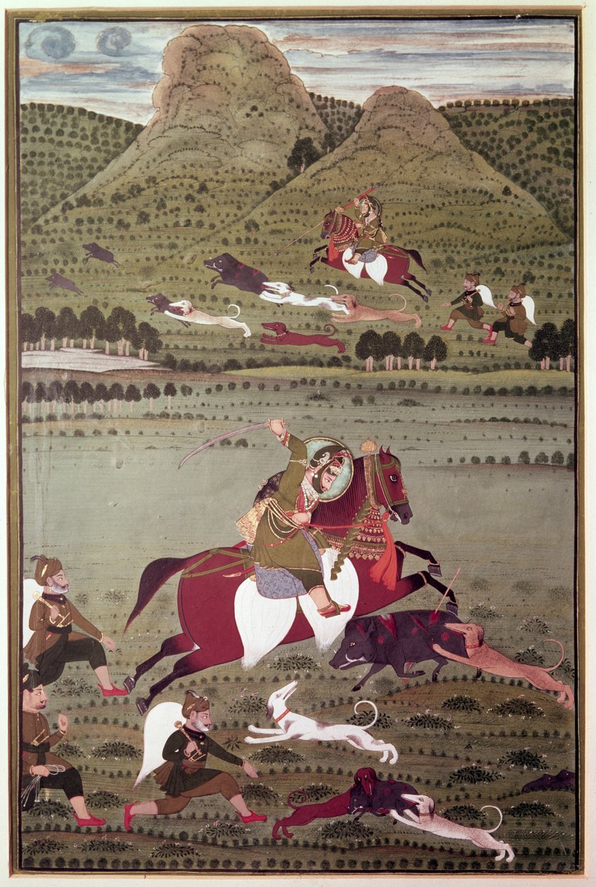 Maharana Jawan Singh (reg.1828-38) of Mewar hunting wild boar, Udaipur  द्वारा इंडियन स्कूल