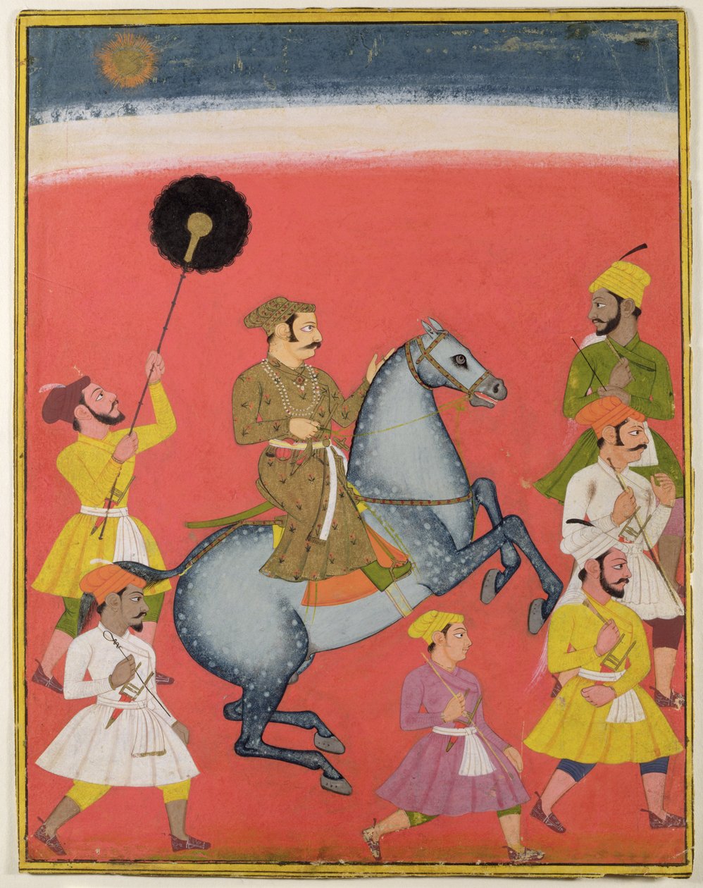 मेवाड़ के महाराणा राज सिंह I (रजि। 1652-80) सवारी, उदयपुर (मेवाड़) राजस्थान, c.1670 (कागज पर सोने के साथ गौचे) द्वारा इंडियन स्कूल