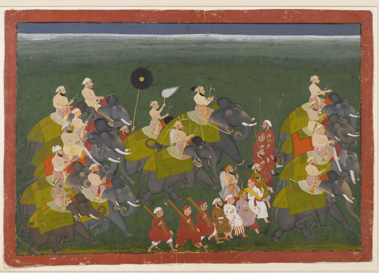 मेवाड़ के महाराणा संग्राम सिंह एक हाथी जुलूस में सवार, उदयपुर, राजस्थान, c.1730-40 (कागज पर अपारदर्शी wc और सोना) द्वारा इंडियन स्कूल