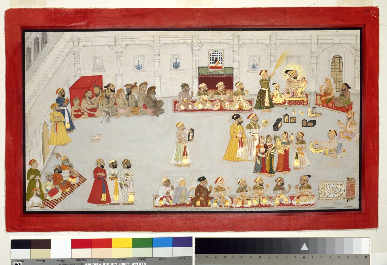 महाराणा संग्राम सिंह अपने बच्चों और अदालतों के साथ, c.1715 (कागज पर अपारदर्शी wc और सोना, एक एल्बम पृष्ठ पर घुड़सवार) द्वारा इंडियन स्कूल