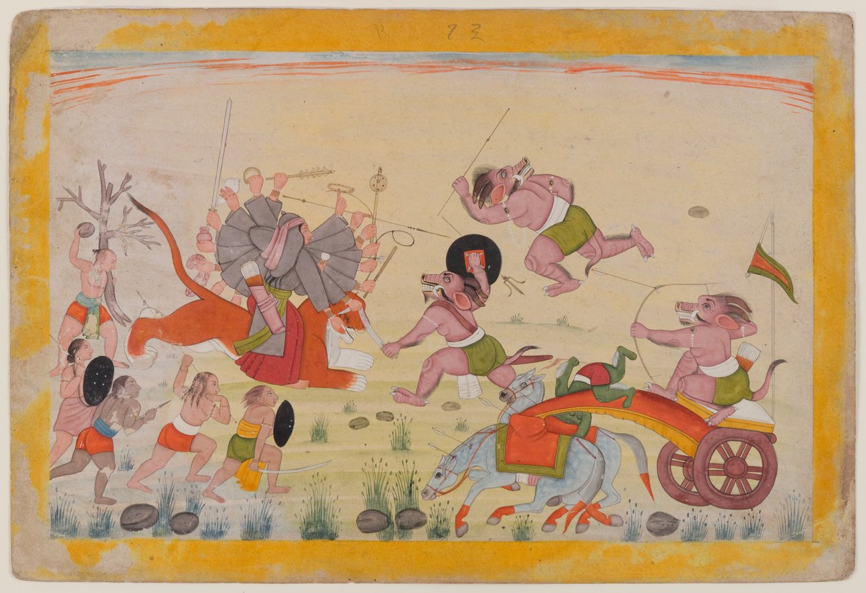 महासुर ने देवी पर हमला किया, एक बिखरी हुई देवी महात्म्य श्रृंखला से फोलियो, c.1770-80 (कागज पर लिखा) द्वारा इंडियन स्कूल