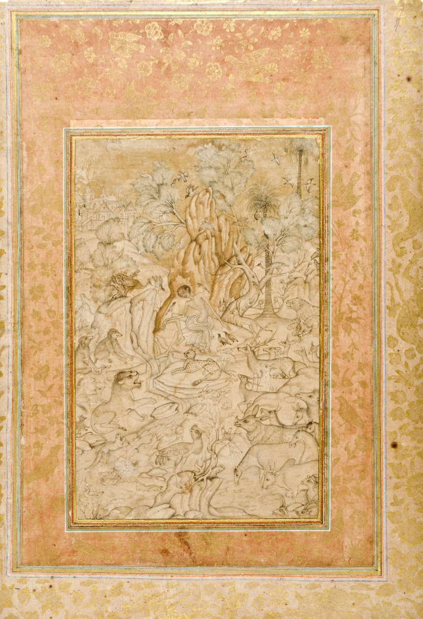 जंगल में मजनूं, c.1595 (कागज पर अपारदर्शी wc और सोना) द्वारा इंडियन स्कूल