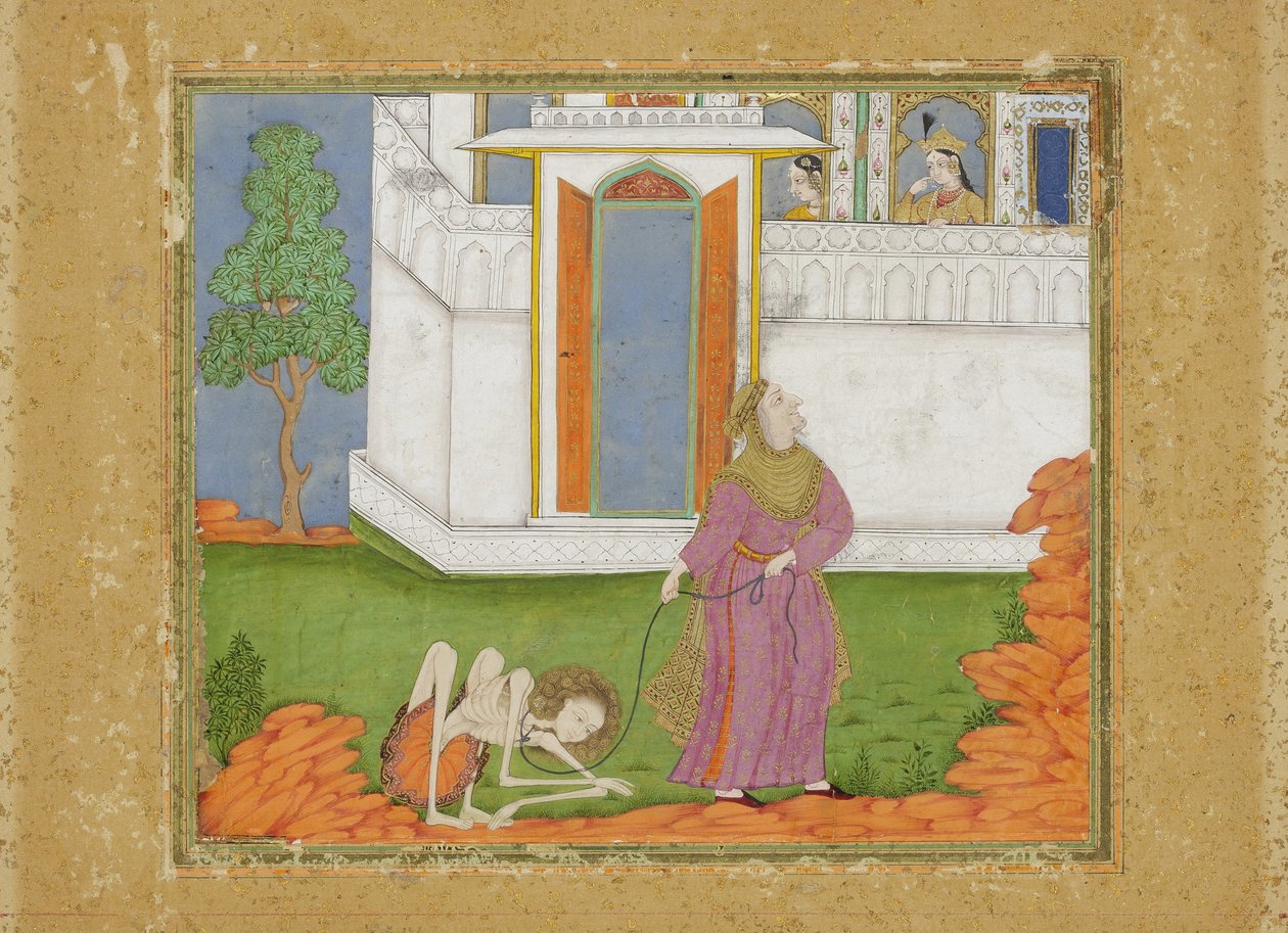 मजनूं को एक अपमानजनक स्थिति में बदल दिया गया है, c.1700 (कागज पर अपारदर्शी wc और सोना) द्वारा इंडियन स्कूल