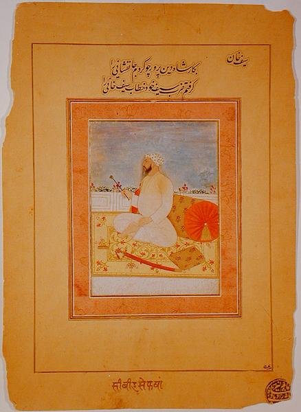 सैफ खान का लघु चित्र, आगरा के गवर्नर, भारतीय, c.1670-80 (बफ पेपर पर अपारदर्शी खनिज वर्णक) द्वारा इंडियन स्कूल