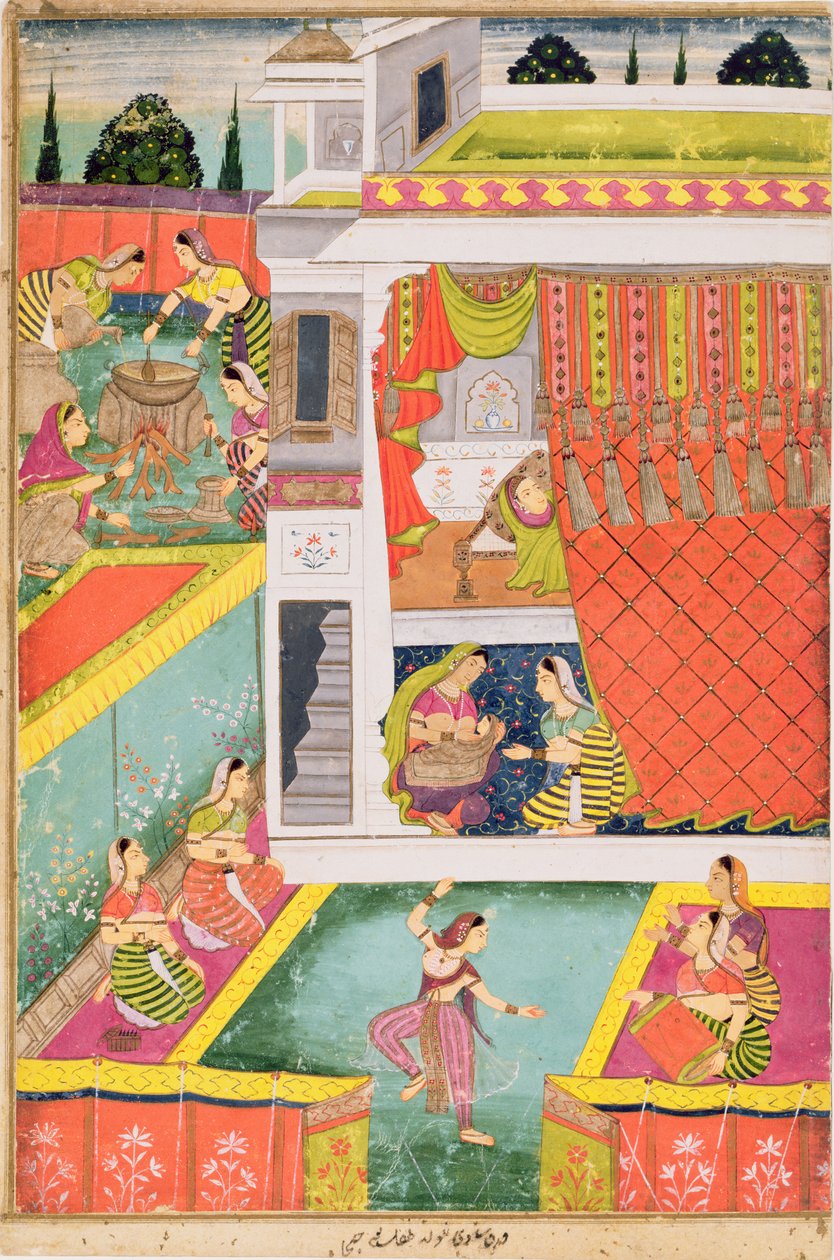 बच्चे के जन्म का जश्न मनाने वाली लघु पेंटिंग, संभवतः औरंगाबाद, दक्कन (बफ पेपर पर अपारदर्शी खनिज रंग) द्वारा इंडियन स्कूल