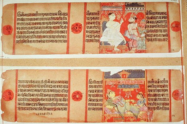 सुश्री 55 65 fol.90 'कलाकाचार्य कथा', गुजरात स्कूल से दो पृष्ठ (कागज पर गौचे) द्वारा इंडियन स्कूल
