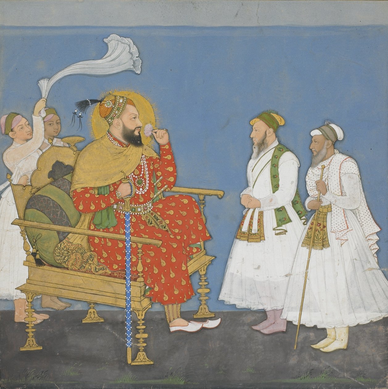 दरबारियों और परिचारकों के साथ मुहम्मद आदिल शाह II (कागज पर अपारदर्शी wc और सोना) द्वारा इंडियन स्कूल