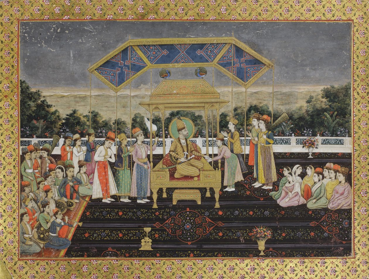 मोहम्मद शाह की हार के बाद मोर सिंहासन पर नादिर शाह, c.1850 (कागज पर अपारदर्शी wc) द्वारा इंडियन स्कूल