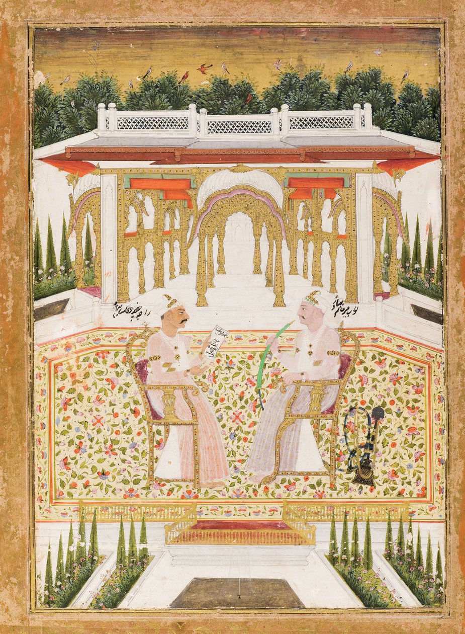 नवाब मीर आलम बहादुर और राजा चंदू लाल बहादुर, c.1800 (कागज पर अपारदर्शी wc और सोना) द्वारा इंडियन स्कूल