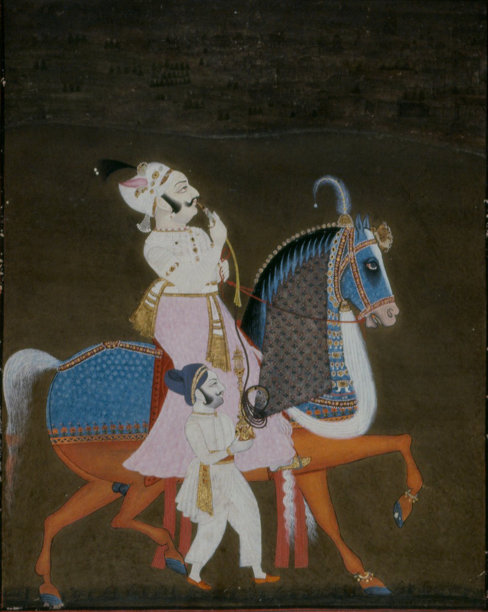 मेवाड़ का रईस, 1820 में एक परिचर के साथ मृगराव की सवारी कर रहा था द्वारा इंडियन स्कूल