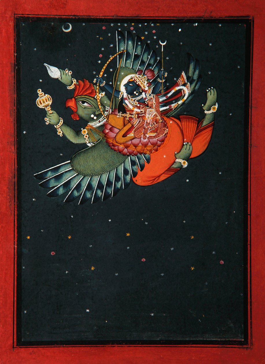 गरुड़ के पंखों पर: कृष्ण और सत्यभामा रात के आकाश से गुजरते हैं, c.1750 (कागज पर अपारदर्शी wc और सोना) द्वारा इंडियन स्कूल
