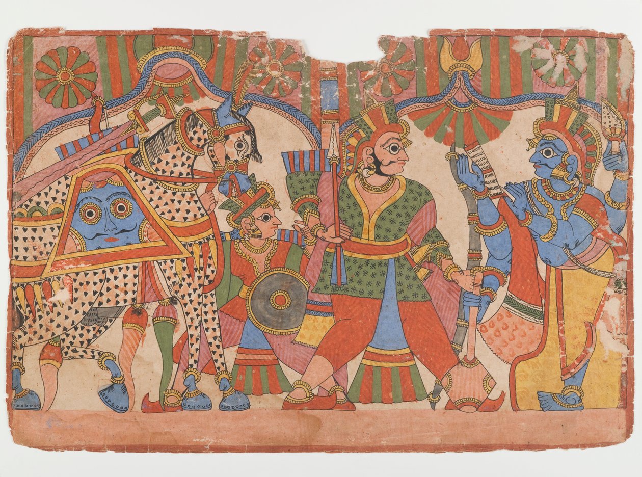 महाभारत श्रृंखला का पृष्ठ, c.1830-50 (कागज पर स्याही और रंग) द्वारा इंडियन स्कूल