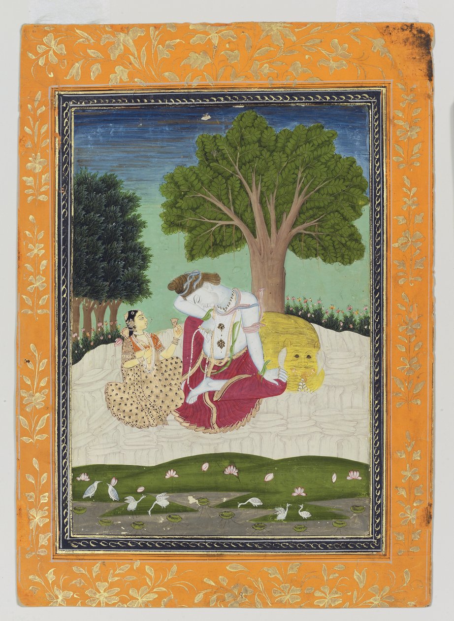पार्वती शिव को एक कप प्रदान करती हैं, c.1800 (कागज पर अपारदर्शी wc और सोना) द्वारा इंडियन स्कूल