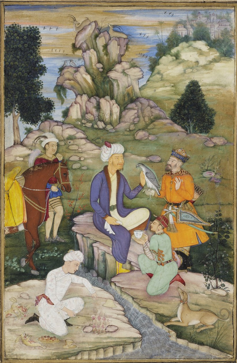 शिकार के दौरान पिकनिक, c.1615 (कागज पर अपारदर्शी wc) द्वारा इंडियन स्कूल