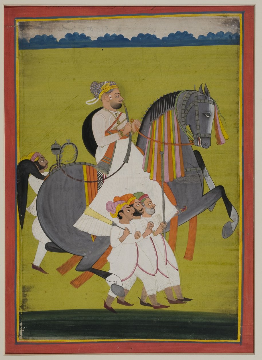निम्बज के ठाकुर सुरतन सिंह का चित्र, पैर पर परिचारक के साथ घोड़े पर, 1820 (भारतीय कागज पर गौचे) द्वारा इंडियन स्कूल