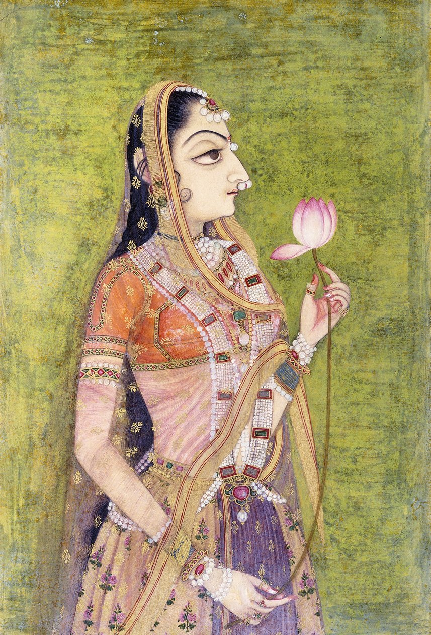 पोर्ट्रेट ऑफ़ ए लेडी होल्डिंग ए लोटस, सी। 1740-1750 द्वारा इंडियन स्कूल
