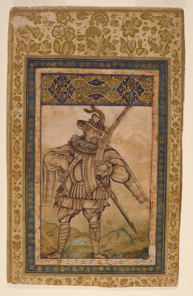 पुर्तगाली एडमिरल अल्बुकर्क का चित्र, c.1615 (कागज पर अपारदर्शी wc और सोना) द्वारा इंडियन स्कूल