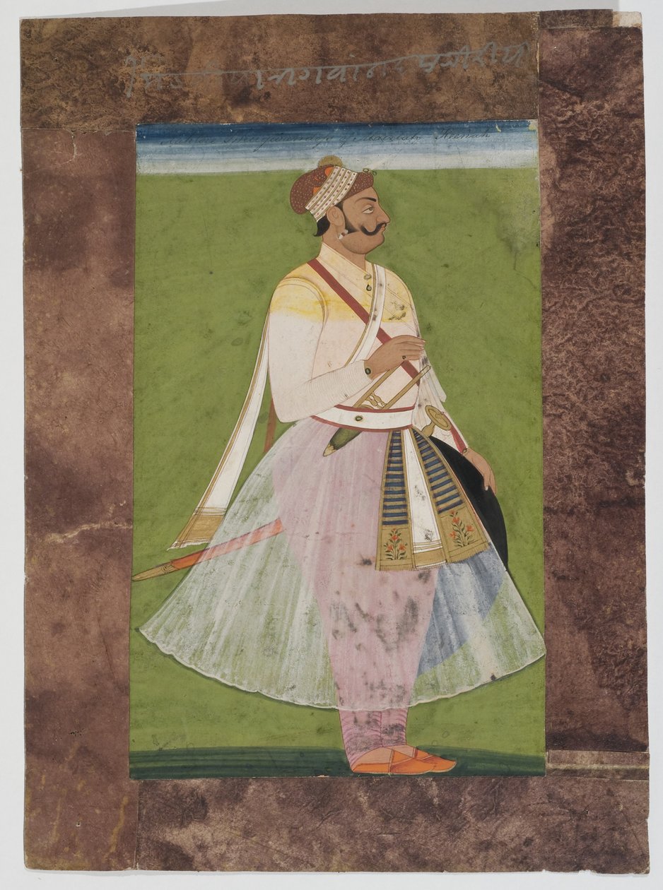 राठौर, जोधपुर के मेड़तिया कबीले के राठौड़ प्रमुख भगवान दास का चित्रण, 1820 (समग्र कागज़ की सीमा के साथ भारतीय कागज पर घुड़सवार गऊच) द्वारा इंडियन स्कूल
