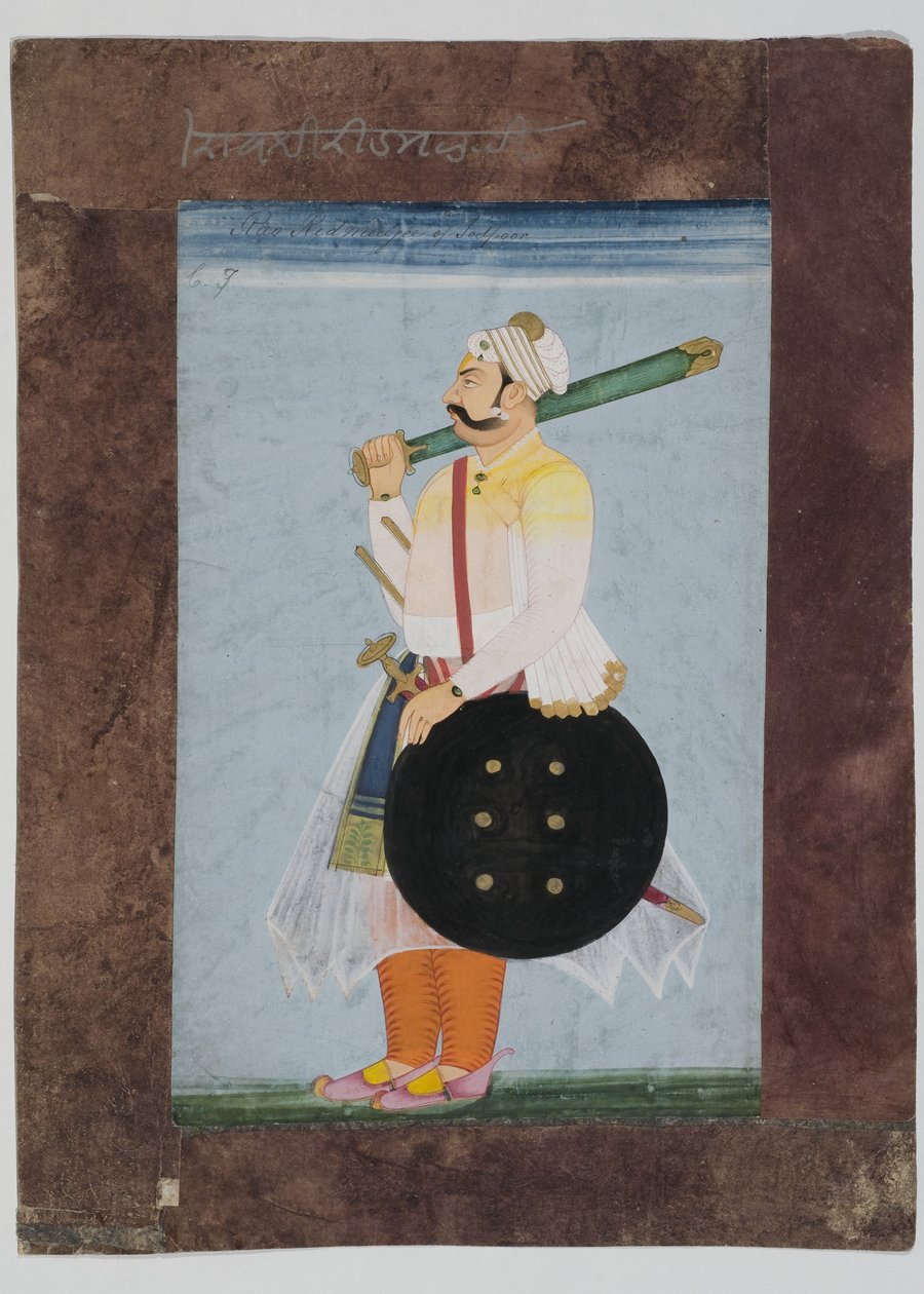 राठौड़ प्रमुख रिदमल का पोर्ट्रेट, 1820 (समग्र ब्राउन पेपर बॉर्डर के साथ भारतीय कागज पर घुड़सवार) द्वारा इंडियन स्कूल