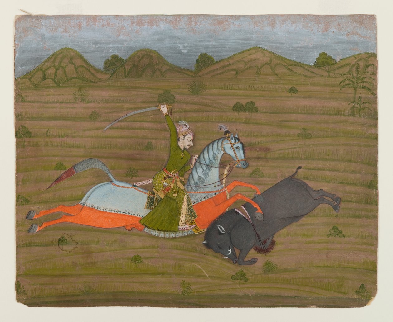 राजकुमार शिकार जंगली सूअर (लघु चित्रकारी), 1765 (कागज पर अपारदर्शी wc और सोना) द्वारा इंडियन स्कूल