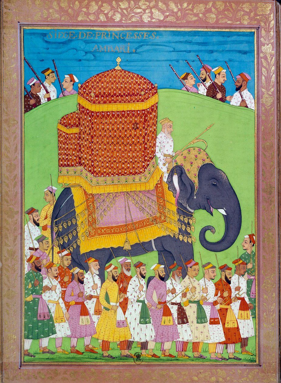 शाह एलेम के दरबार में एक हाथी पर राजकुमारी पालकी निकोलो मनुची (१६३८-१७१७) द्वारा "" भारत का इतिहास तामर्टेंटे से ओरंगरेब तक" में भारतीय और फारसी लघुचित्र। बीएन, पेरिस। द्वारा इंडियन स्कूल