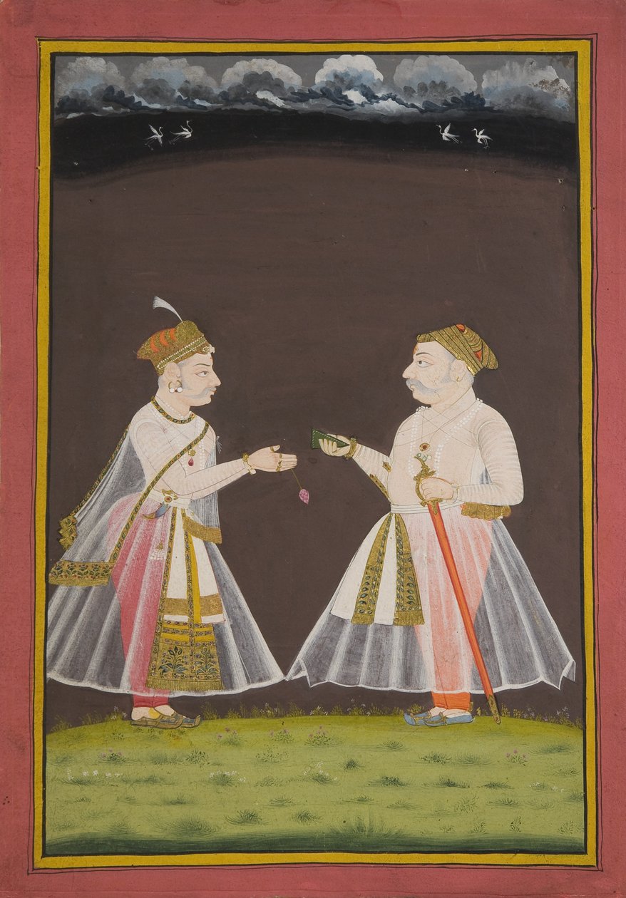 संभवत: उदयपुर के राणा राज सिंह का चित्र (1661-81) एक महानुभाव, 1820 को पैन भेंट करता है द्वारा इंडियन स्कूल