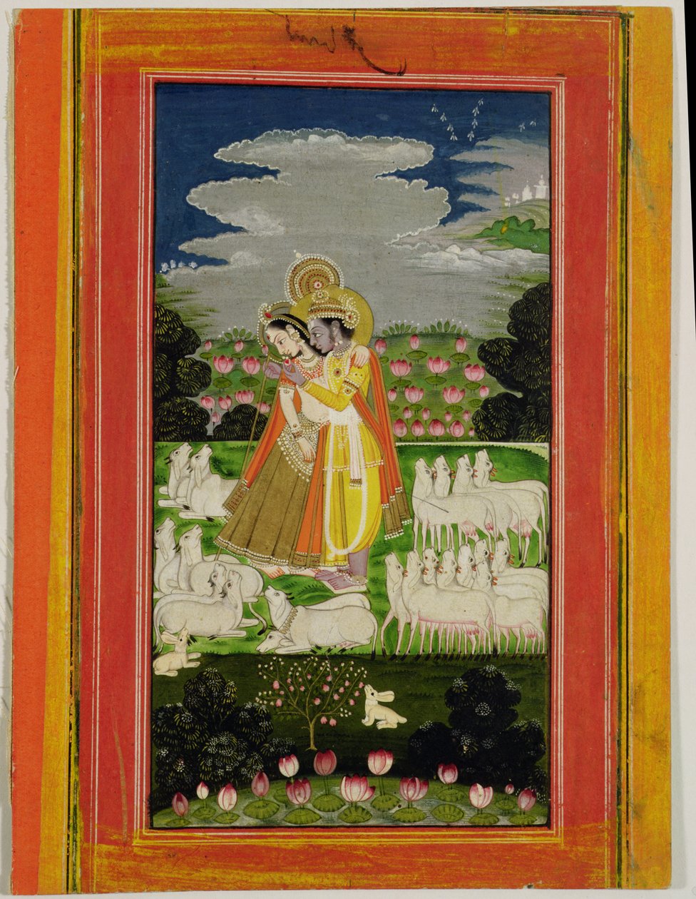 गायों के साथ एक आदर्श परिदृश्य में राधा और कृष्ण गले मिलते हैं, c.1780 (कागज पर अपारदर्शी wc) द्वारा इंडियन स्कूल