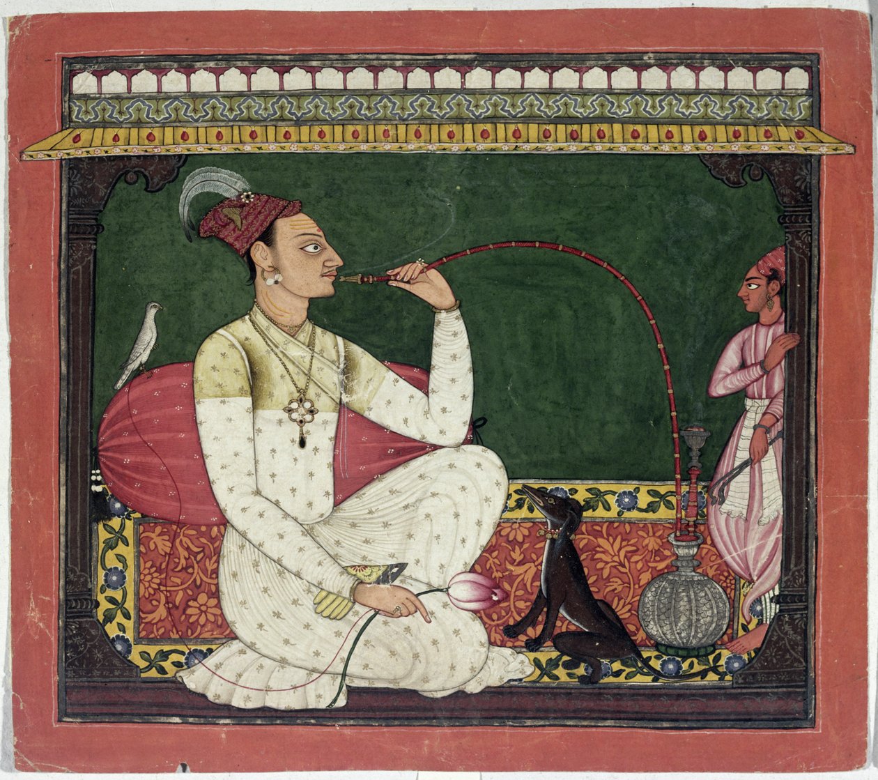 राजा मेदिनी पाल, तिकारी के पात्रों में उल्टा अंकित, बिलौरिया मदिनी पाल, बसोहली, हिमाचल प्रदेश, पहाड़ी स्कूल, 1735 द्वारा इंडियन स्कूल