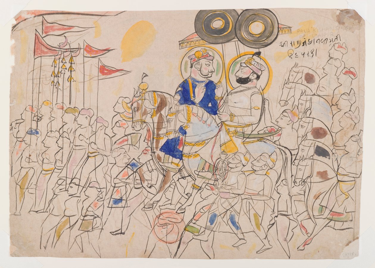 कोटा के राजा राम सिंह द्वितीय और उदयपुर के रामकिशन सिंह, c.1850 (कागज पर स्याही और रंग) द्वारा इंडियन स्कूल