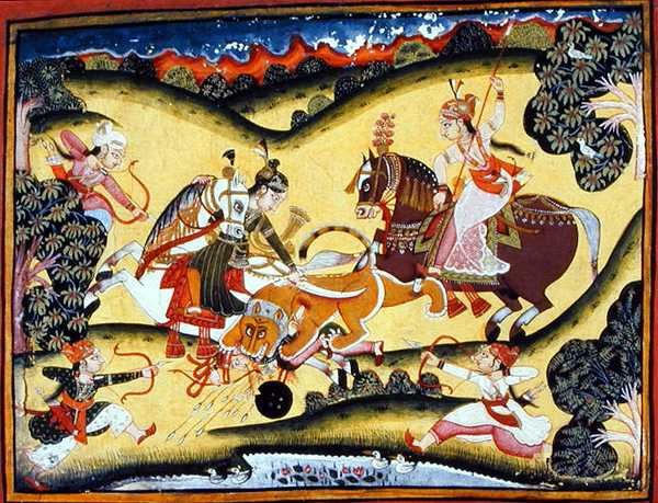 राजपूत प्रिंसेस किलिंग ए लायन, बूंदी स्कूल, c.1810-20 (कागज पर गौचे) द्वारा इंडियन स्कूल