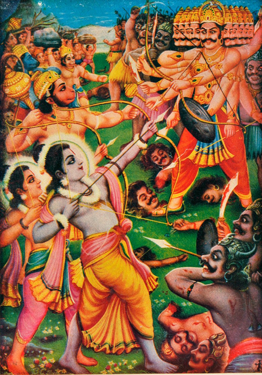 राम और हनुमान रावण के खिलाफ लड़ते हुए, रामायण के दृश्य द्वारा इंडियन स्कूल