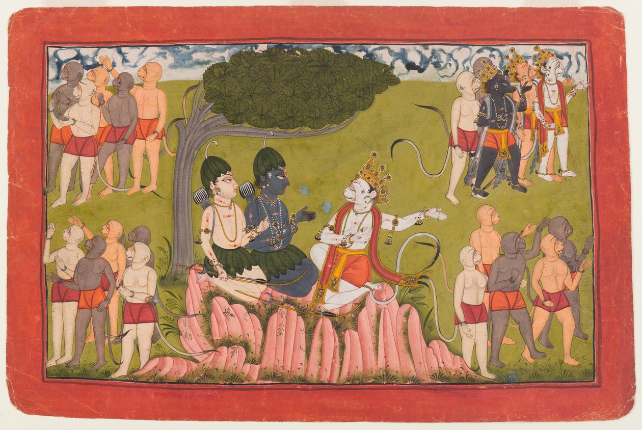राम और लक्ष्मण ने सुग्रीव को सीता की खोज के बारे में बताया, एक बिखरी हुई रामायण श्रृंखला से फोलियो, c.1770-10 (कागज पर wc) द्वारा इंडियन स्कूल