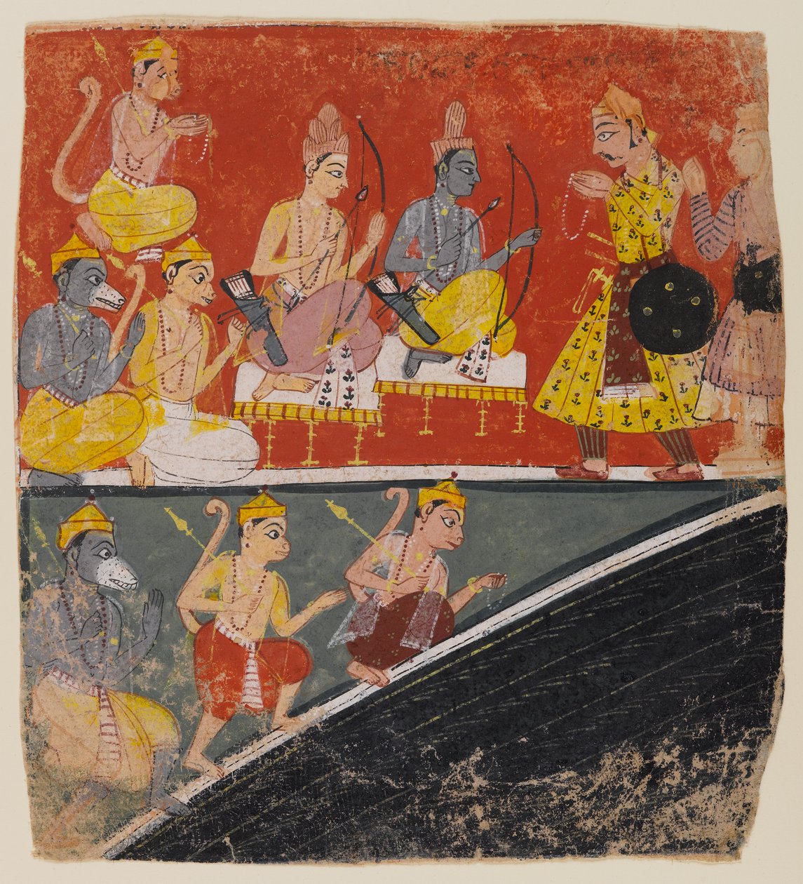 राम और लक्ष्मण को दूत मिले, एक बिखरी हुई रामायण श्रृंखला का पृष्ठ, c.1634 (कागज पर wc) द्वारा इंडियन स्कूल