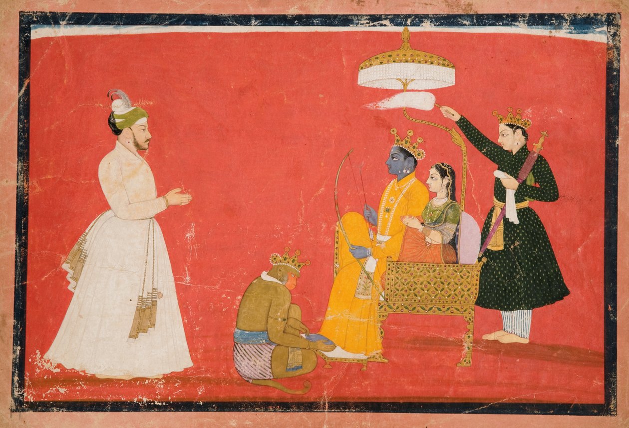 राम और सीता का उत्साहवर्धन, c.1750 (कागज पर अपारदर्शी wc और सोना) द्वारा इंडियन स्कूल